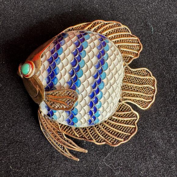 Vintage Jewelry - Vtg Solid Gilded Silver & Cloisonne Angel Fish Brooch/Pendant Lapis Eye 1950's